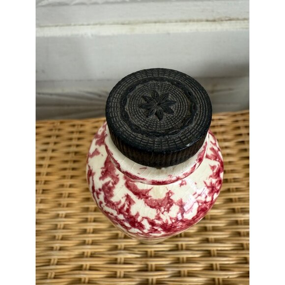 Vintage 30's Spongeware Ceramic Bottle With Cork Stopper Green Red - Picture 6 of 8